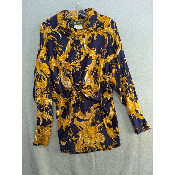 Crisca Tunic Blouse Women 34 Baroque Print 100% Silk Long Sleeve Flowy Navy Gold - Picture 3 of 16